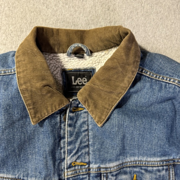 Lee Denim Jacket Mens L Faux Fur Linen Collared Jean Pockets Warm Button Up - Picture 8 of 10